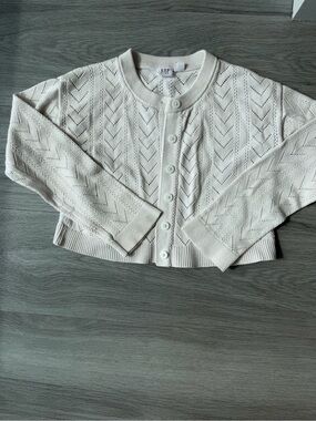 GAP Cream Pointelle Cropped Button-Up Cardigan